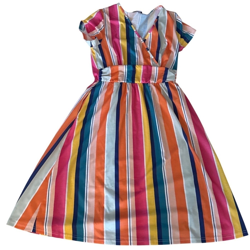 OUGES Striped Wrap Dress Womens Medium Multicolor Excellent Pockets V-Neck - Picture 5 of 10
